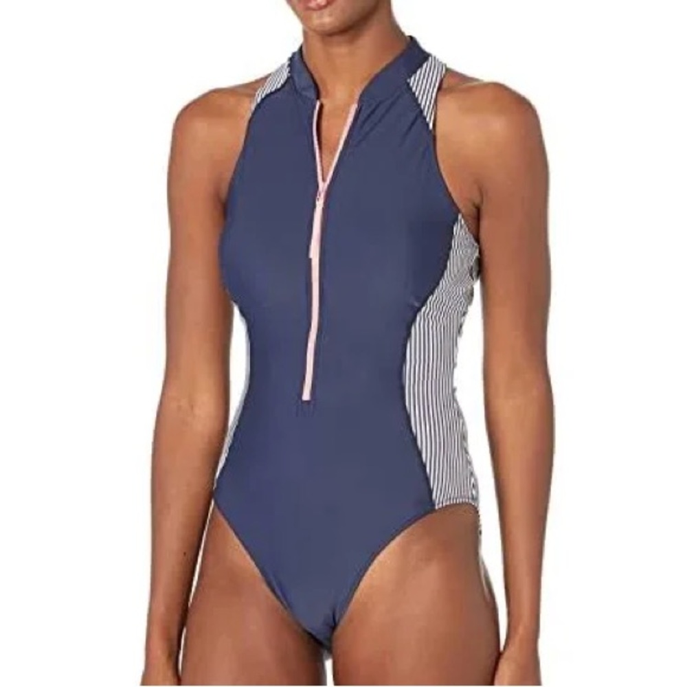 NWT. Southern Tide. One piece navy swimsuit w/ front pink zip. Seersucker trim.